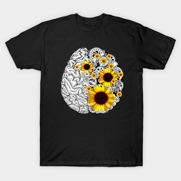 Brain human anatomy,pink sunflowers, mental T-Shirt by Collagedream